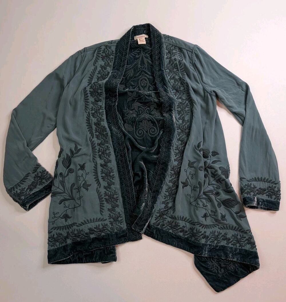 Sundance Reversible Open Front Velvet Embroidered Kimono Cardigan XS
